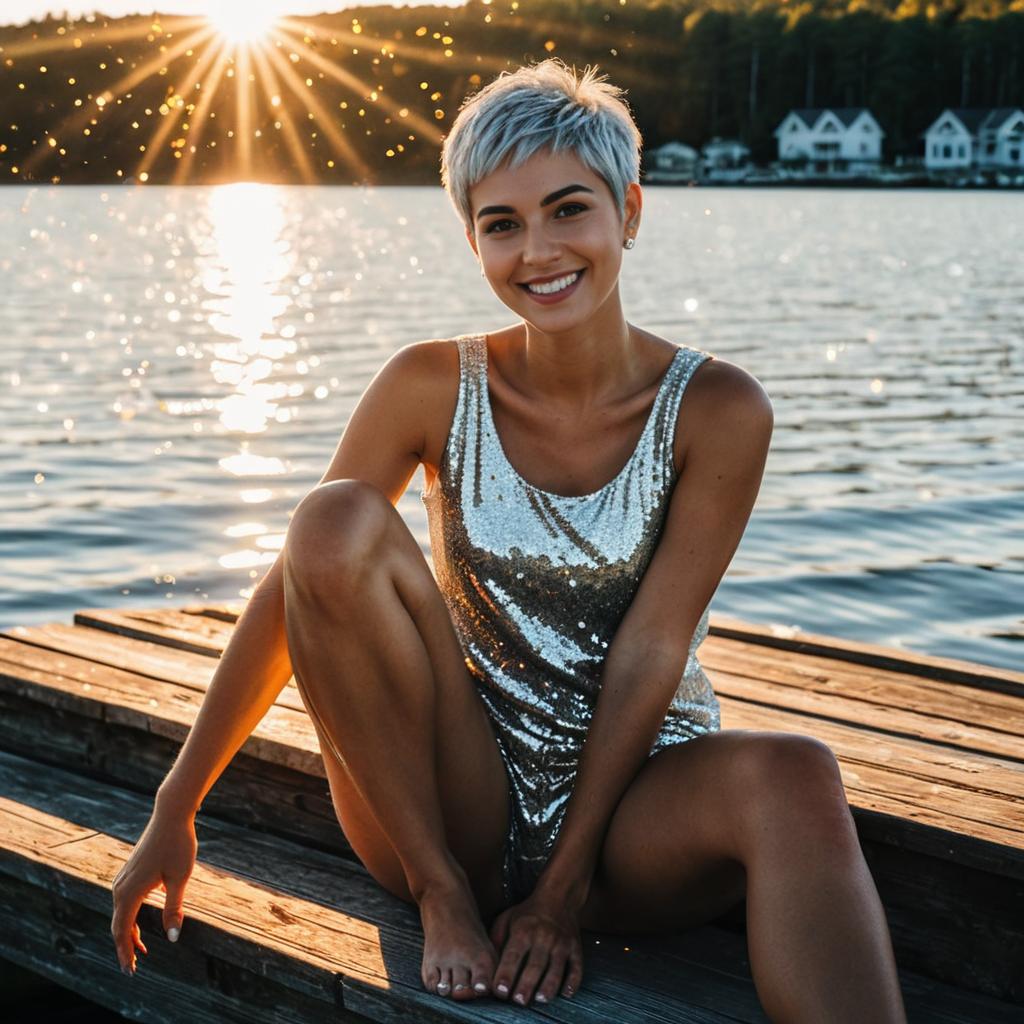 Smiling Woman with Silver Hair in Sequined Outfit Sitting on Dock by Lake at Sunset