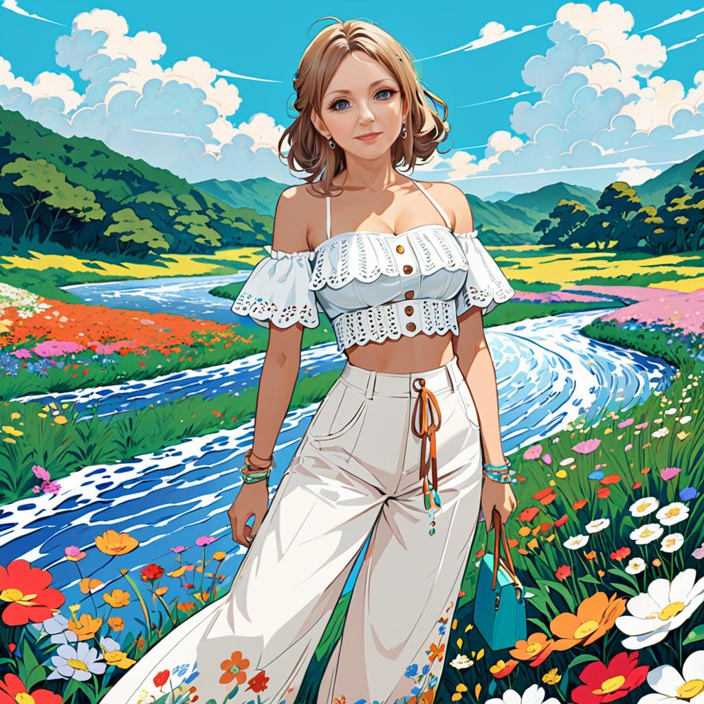 Anime Woman in Summer Outfit in Floral Landscape