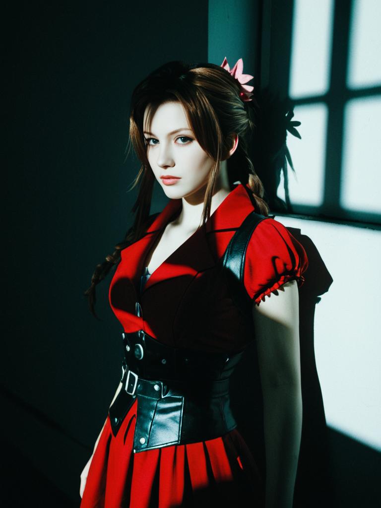 Dramatic Editorial Waist-Up Shot of Woman in Aerith Cosplay Costume