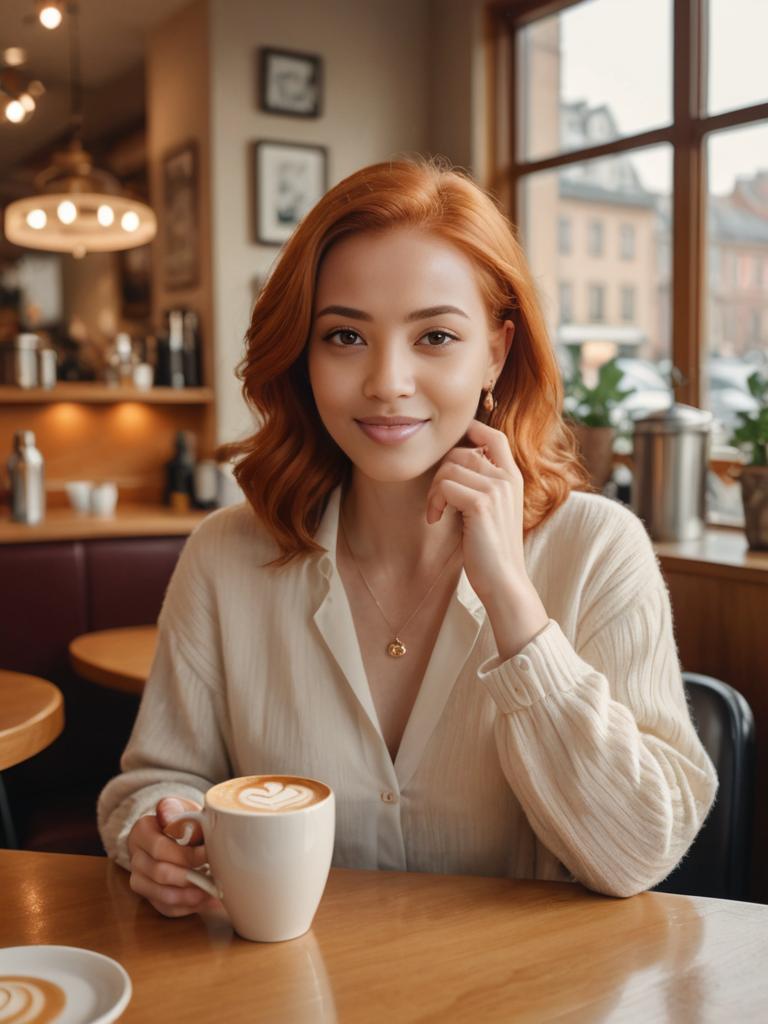 Redhead Woman Enjoying a Steaming Latte