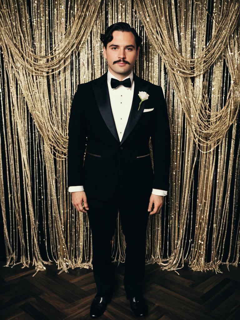 Man in Gatsby Party Costume Full Body Cosplay Photo with Tuxedo and Bow Tie