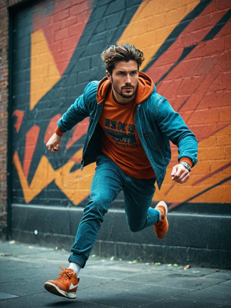 Energetic man in vibrant casual wear running by graffiti wall