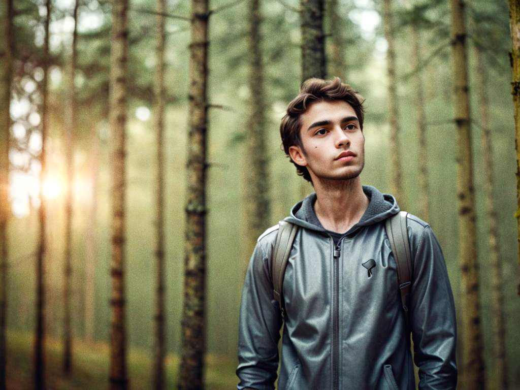 Young man in serene forest