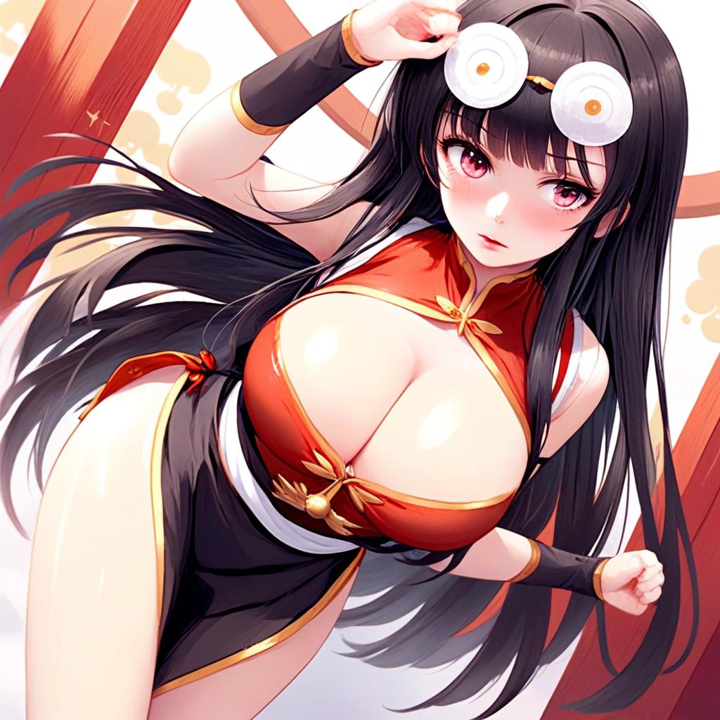 Anime Girl in Red Cheongsam with Fried Egg Headwear Illustration