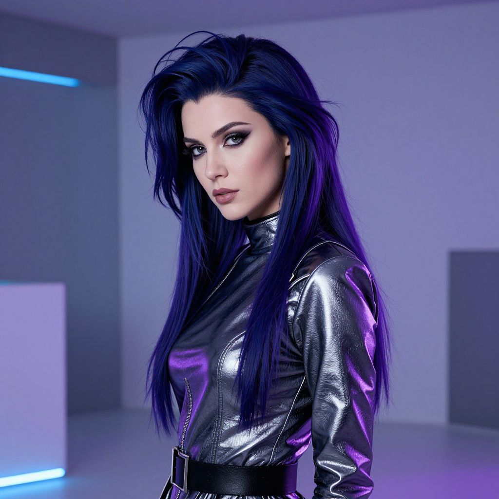 Stylish Woman with Blue Hair in Metallic Silver Jacket