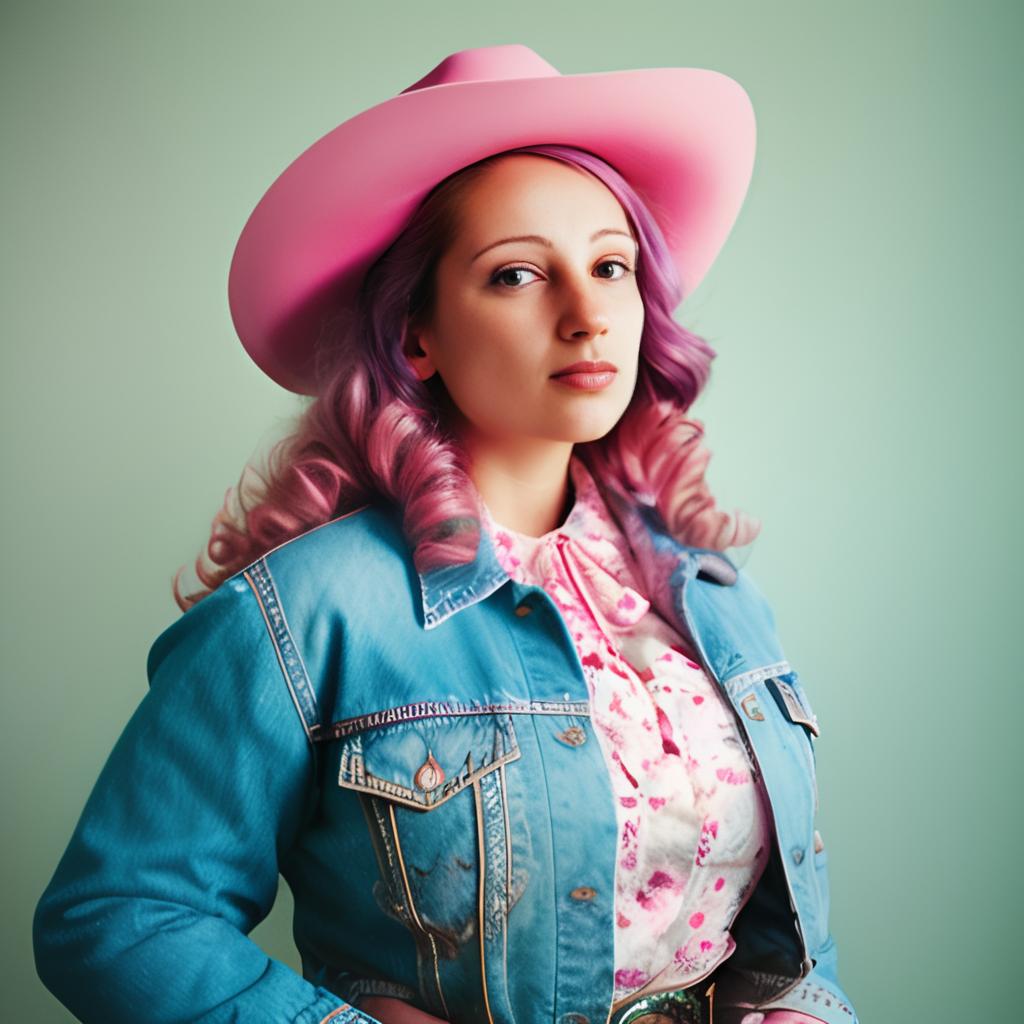 Stylish Woman with Pink Hat and Pastel Hair in Denim Jacket