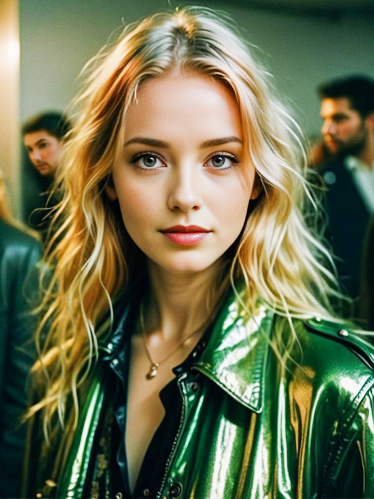 Confident Young Woman in Green Metallic Jacket