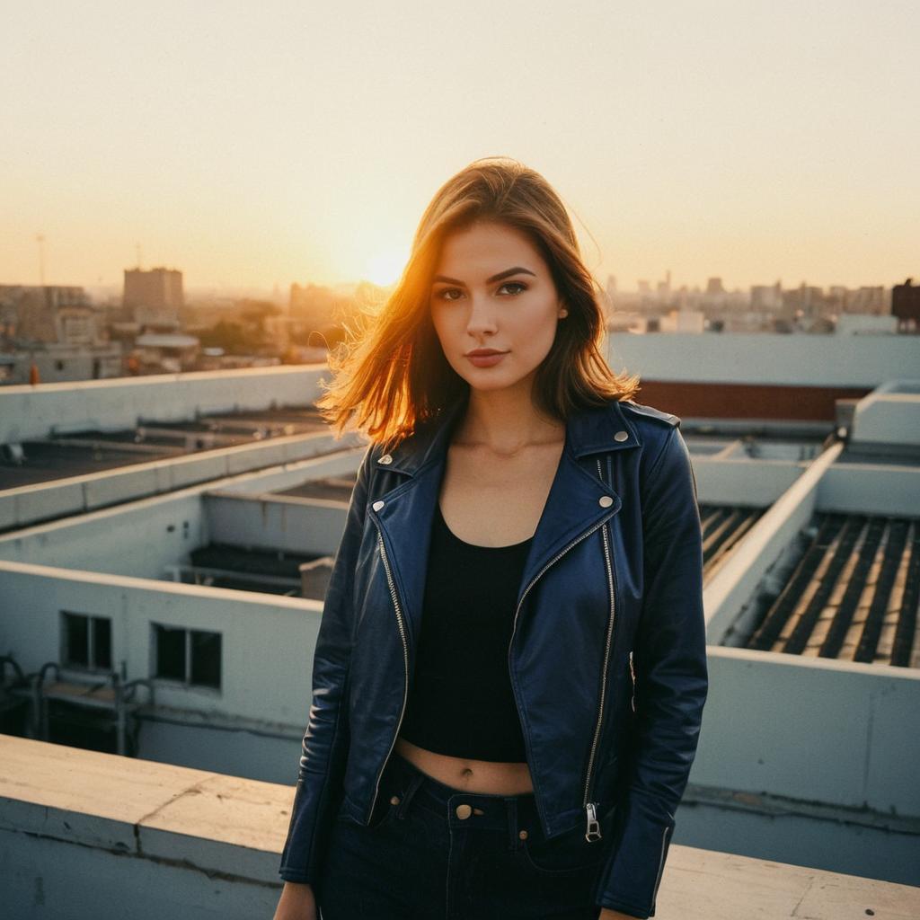Confident Young Woman in Blue Leather Jacket on Rooftop at Sunset
