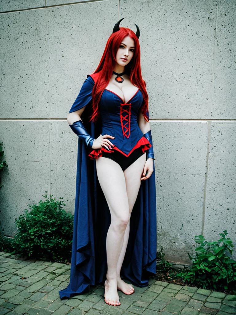 Fantasy Woman in Red Hair and Dark Blue Costume with Horns