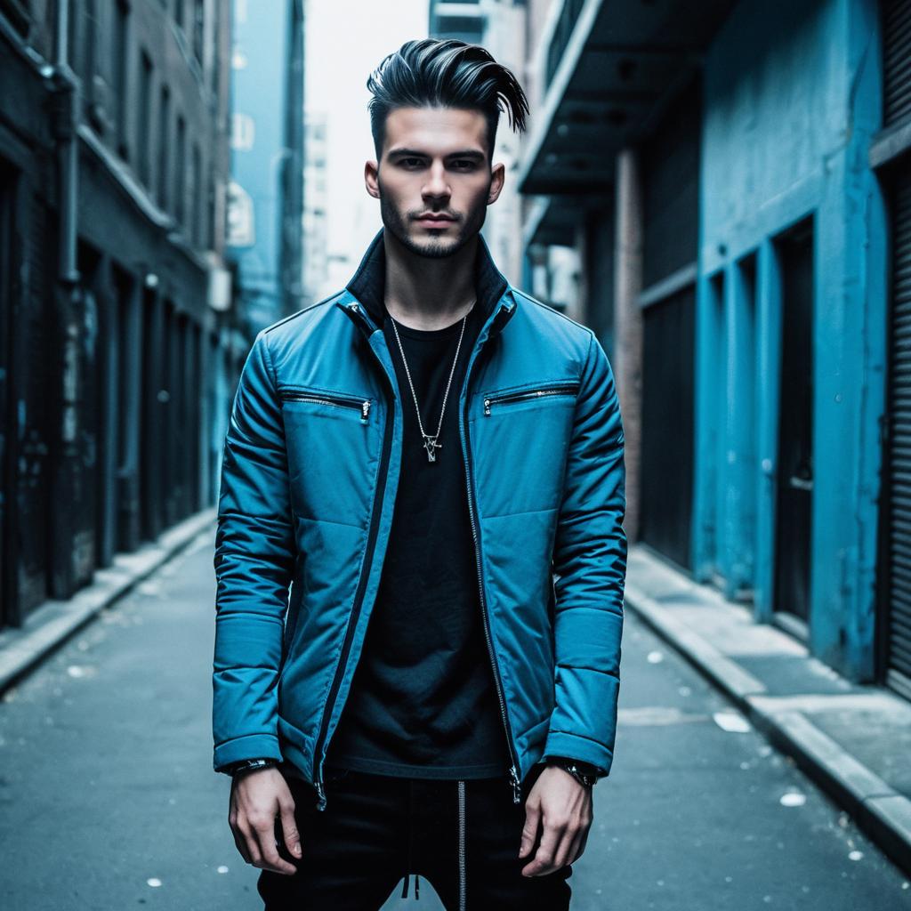 Urban Street Style Young Man Wearing Blue Jacket in Alley