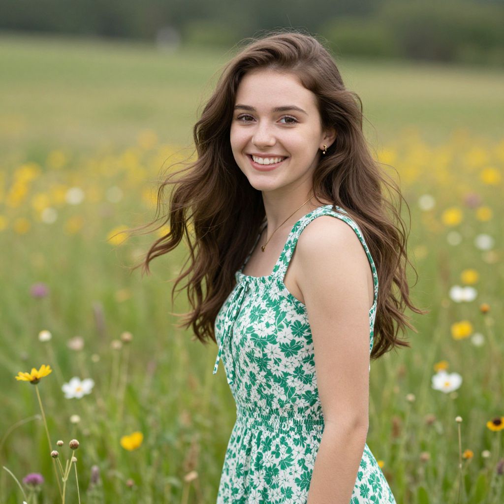 Smiling Young Woman in Floral Sundress in Wildflower Meadow