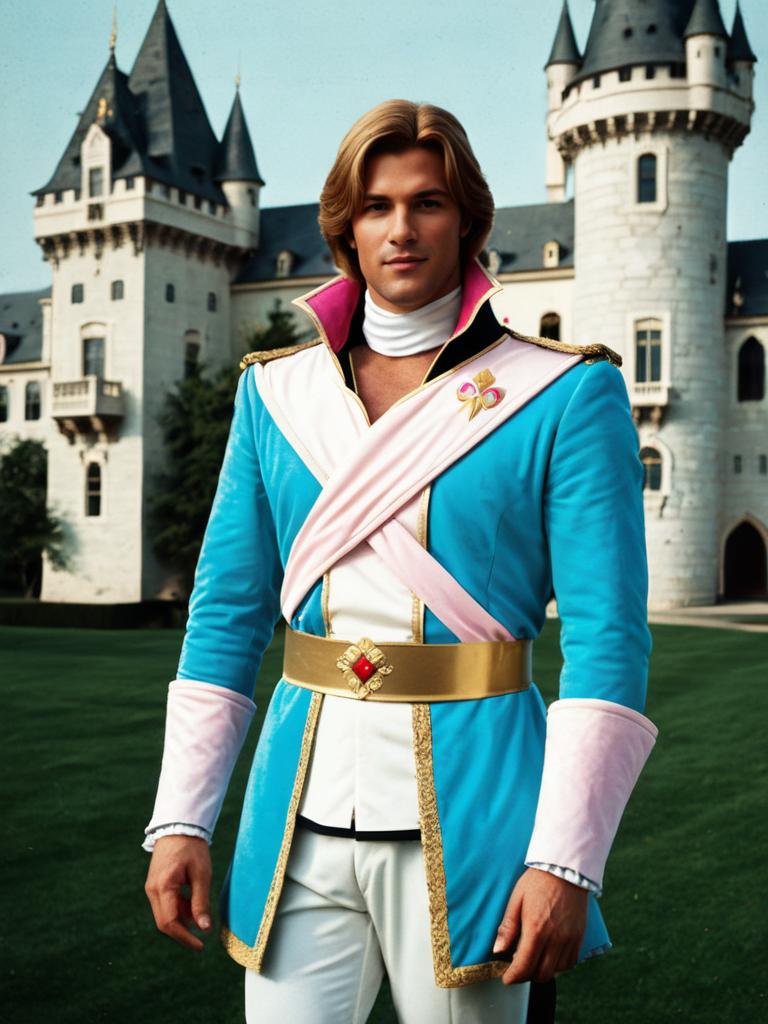 Photorealistic Outdoor Portrait of Man in Prince Adam Costume with Castle Background