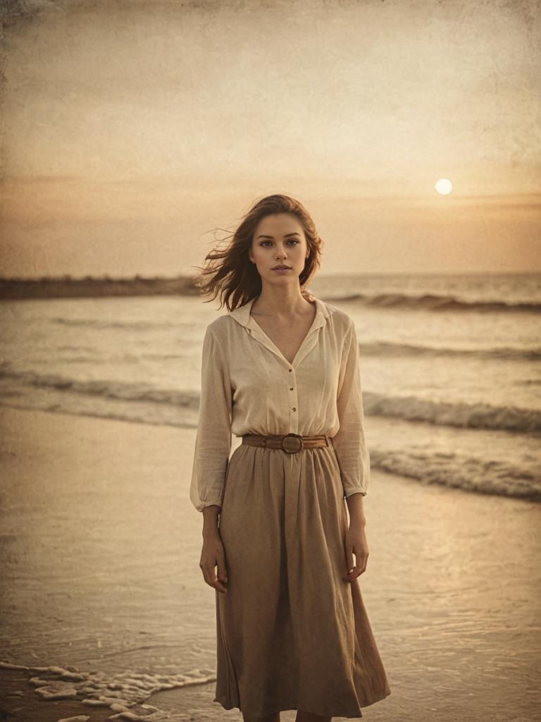 Woman Posing on Beach at Sunset