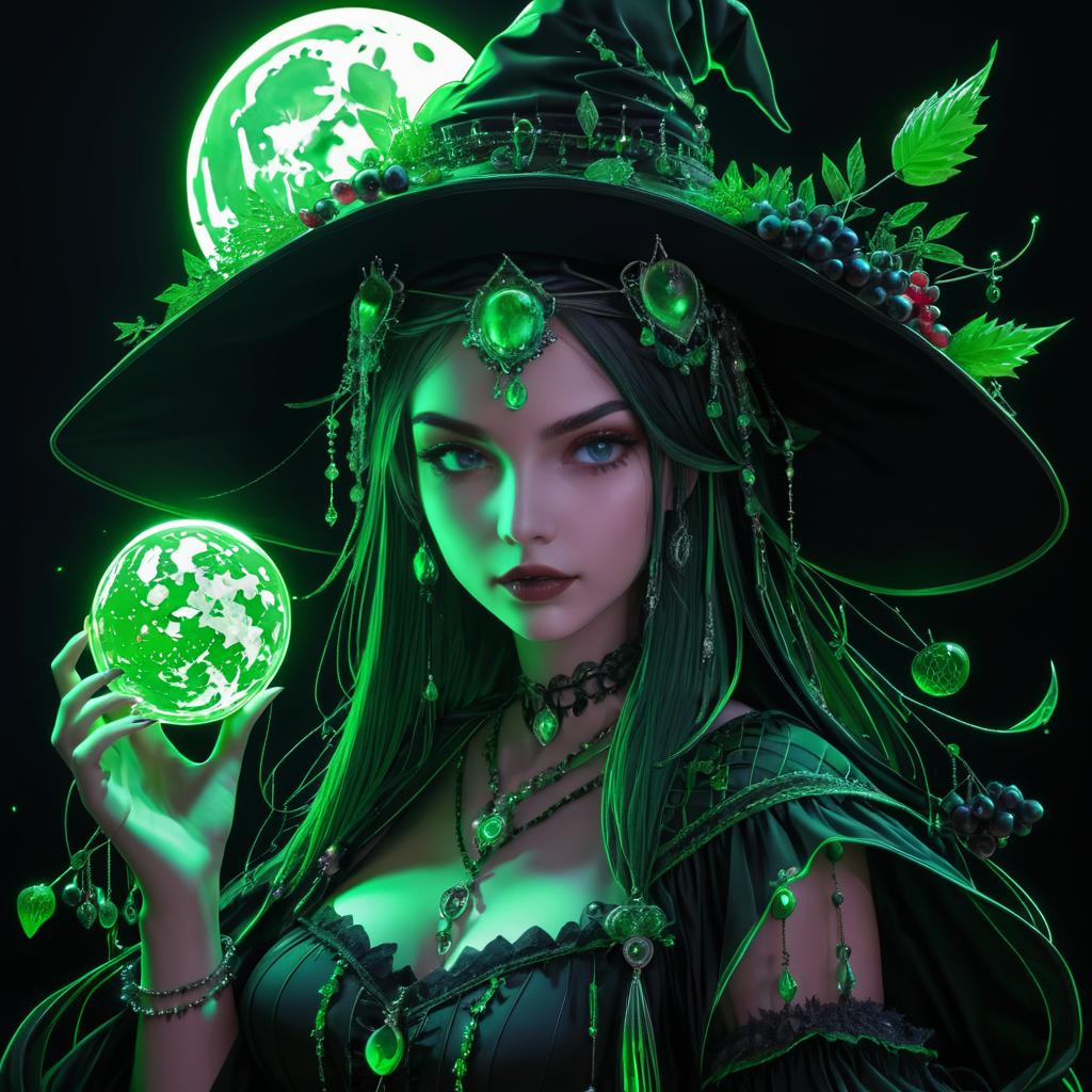 Mystical Witch Woman with Black Hat and Potions