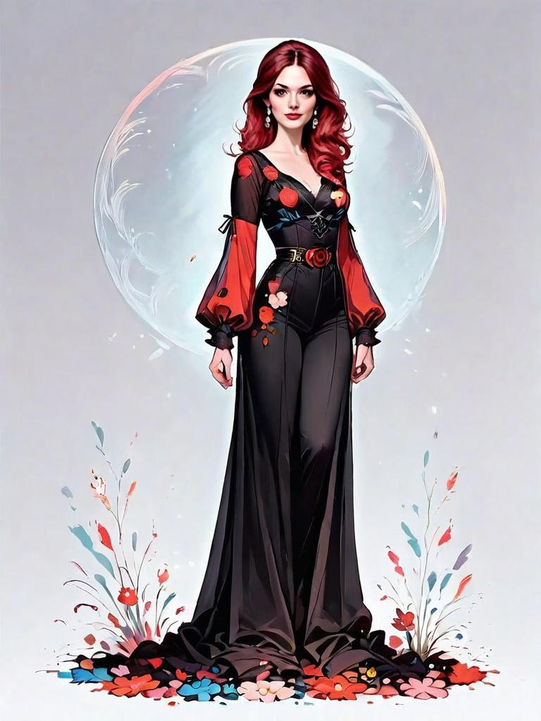 Stylish Woman in Black Floral Dress - Realistic Comic Art Full Body Portrait