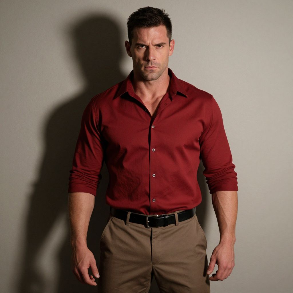 Man in Red Shirt Posing Against Neutral Wall with Dramatic Shadow