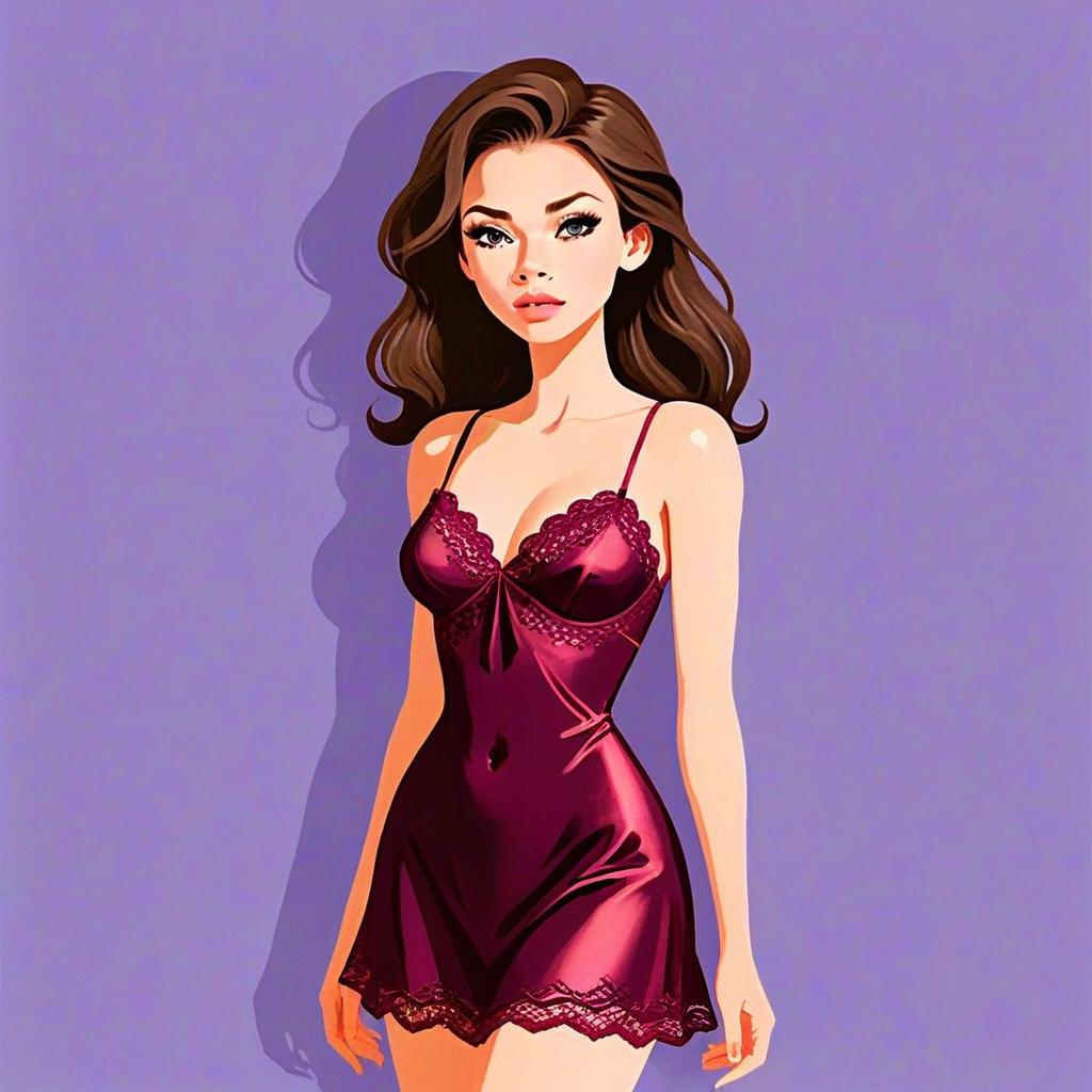 Vintage-Inspired Woman Wearing Burgundy Silk Chemise Illustration