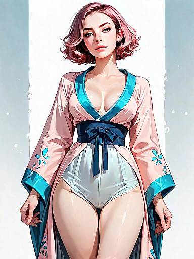 Realistic Digital Art of a Woman in Chic Pink Silk Robe with Turquoise Trim