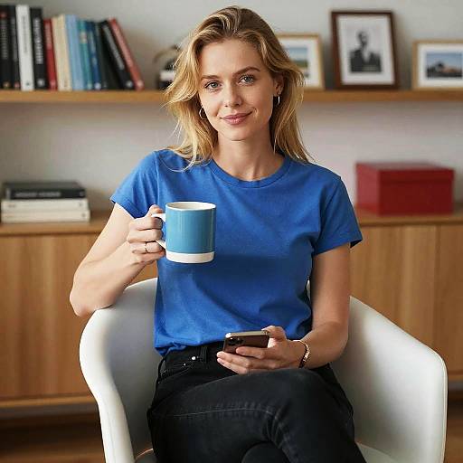Casual Young Woman Relaxing with Coffee and Smartphone at Home