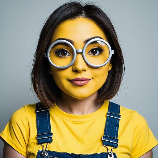 Portrait of Woman with Yellow Face Paint and Round Glasses in Denim Overalls