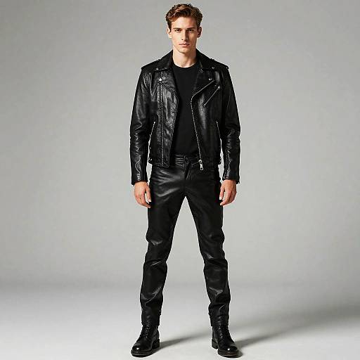 Man Wearing Black Leather Biker Jacket and Pants Outfit