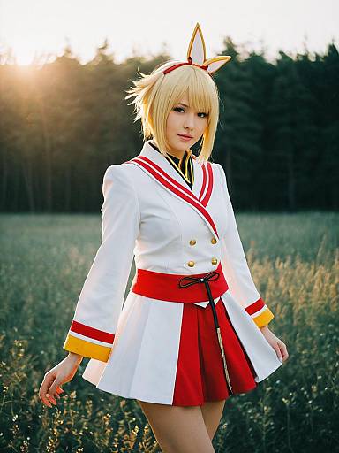 Mika Jougasaki Cosplay Woman in Stylish White and Red Costume Outdoors