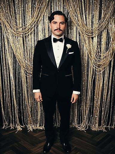 Man in Gatsby Party Costume Full Body Cosplay Photo with Tuxedo and Bow Tie
