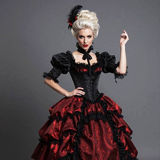 Victorian Style Woman in Red and Black Gothic Dress with Feathered Hair Accessory