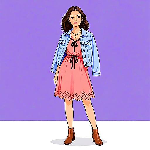 Woman in Coral Tunic Dress with Lace-Up Design and Denim Jacket Illustration