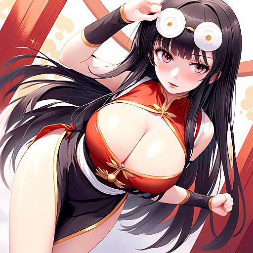 Anime Girl in Red Cheongsam with Fried Egg Headwear Illustration