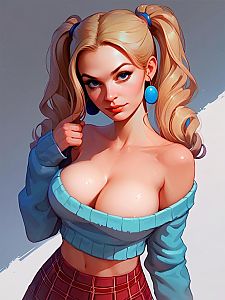 Young Woman with Blonde Twin Ponytails and Blue Sweater