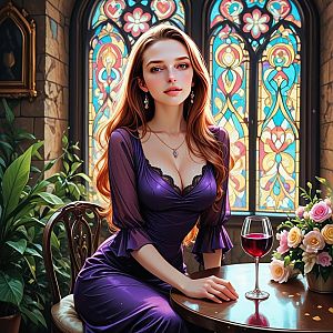 Young Woman in Purple Dress at Elegant Table
