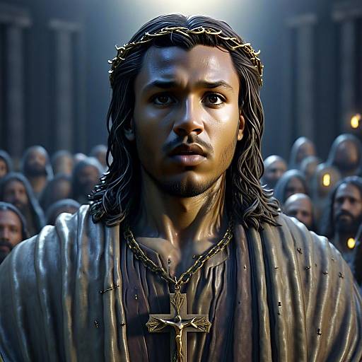 Portrait of Man Wearing Crown of Thorns and Crucifix Necklace in Dramatic Digital Art