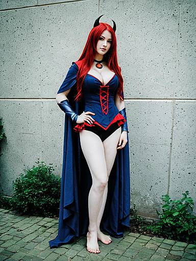 Fantasy Woman in Red Hair and Dark Blue Costume with Horns