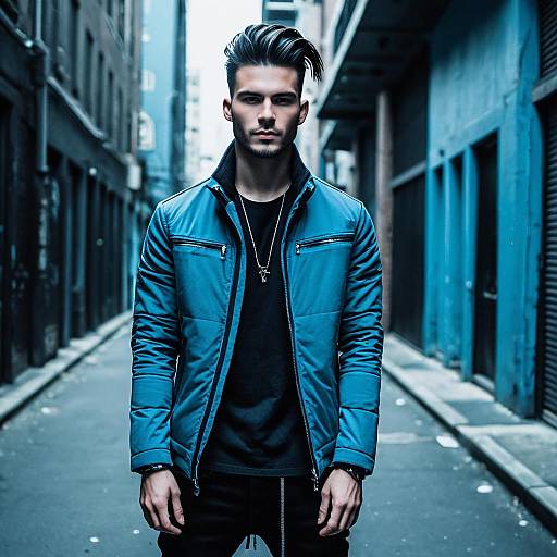 Urban Street Style Young Man Wearing Blue Jacket in Alley