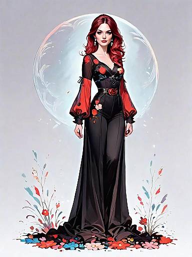 Stylish Woman in Black Floral Dress - Realistic Comic Art Full Body Portrait