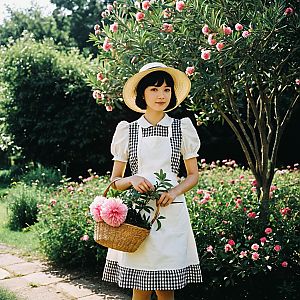 Woman in Vintage Gingham Dress in Garden