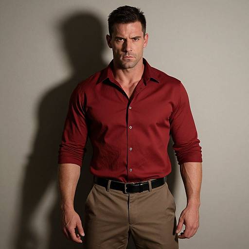 Man in Red Shirt Posing Against Neutral Wall with Dramatic Shadow