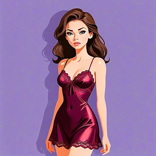 Vintage-Inspired Woman Wearing Burgundy Silk Chemise Illustration