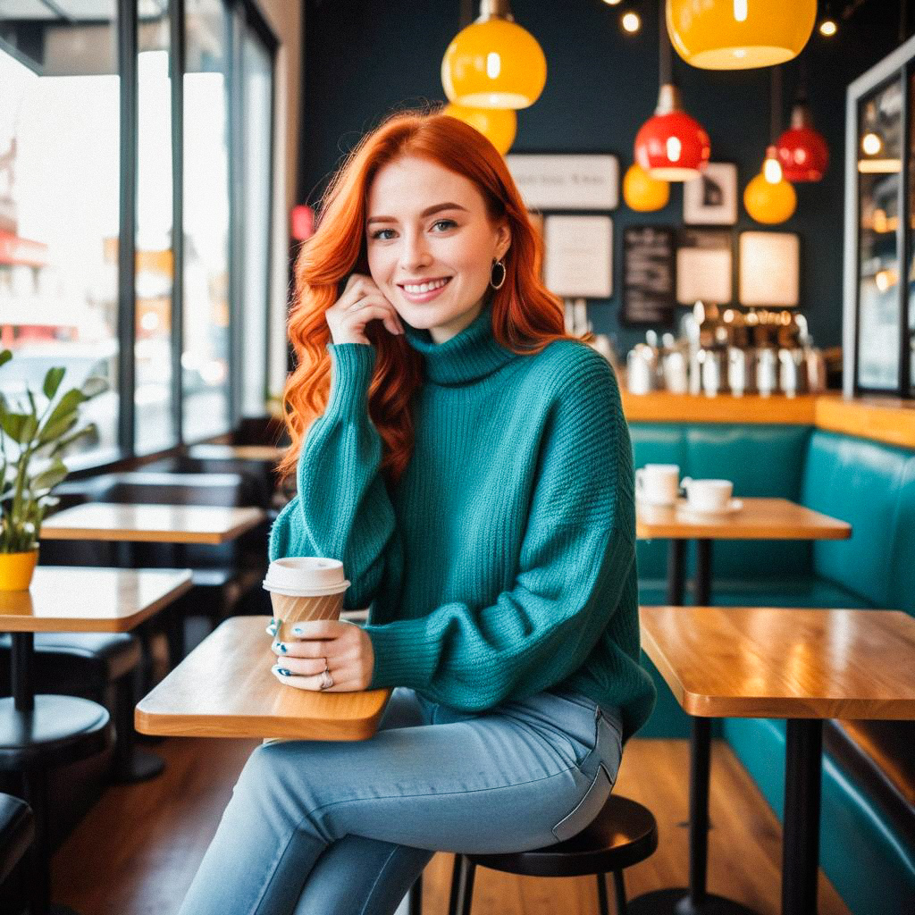 Cheerful woman with red hair in cozy café