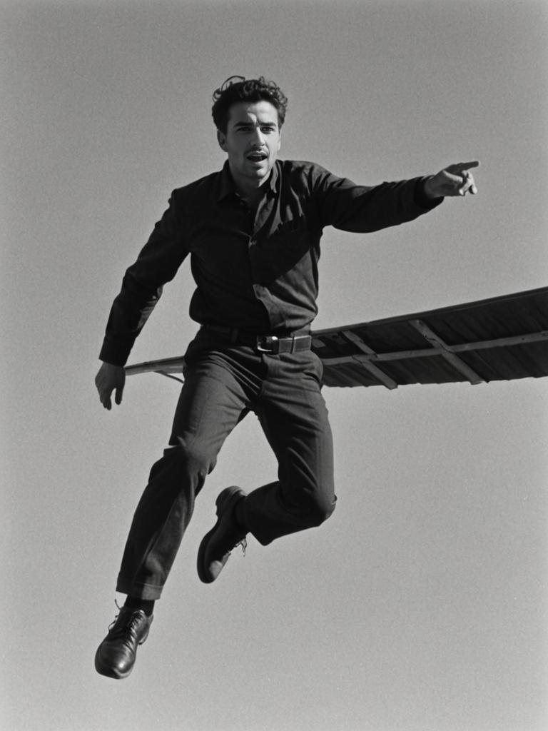 Black and White Man in Mid-Air Flight