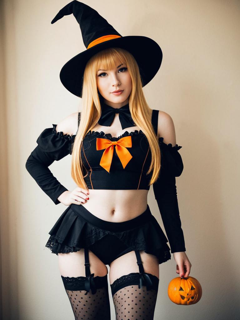 Woman in Witch Costume Holding Pumpkin Halloween Outfit
