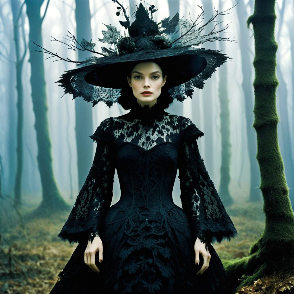 Elegant Woman in Black Lace Gown in Mystical Forest