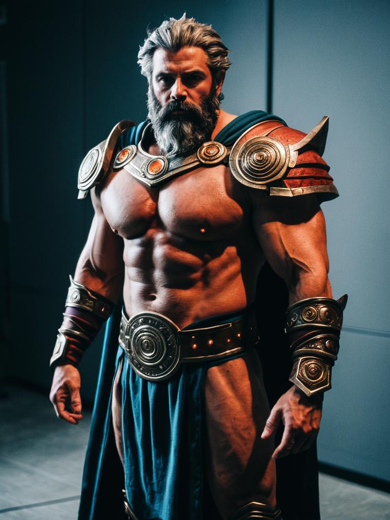 Photorealistic Hephaestus Costume Cosplay Featuring Muscular Man in Detailed Mythological Armor