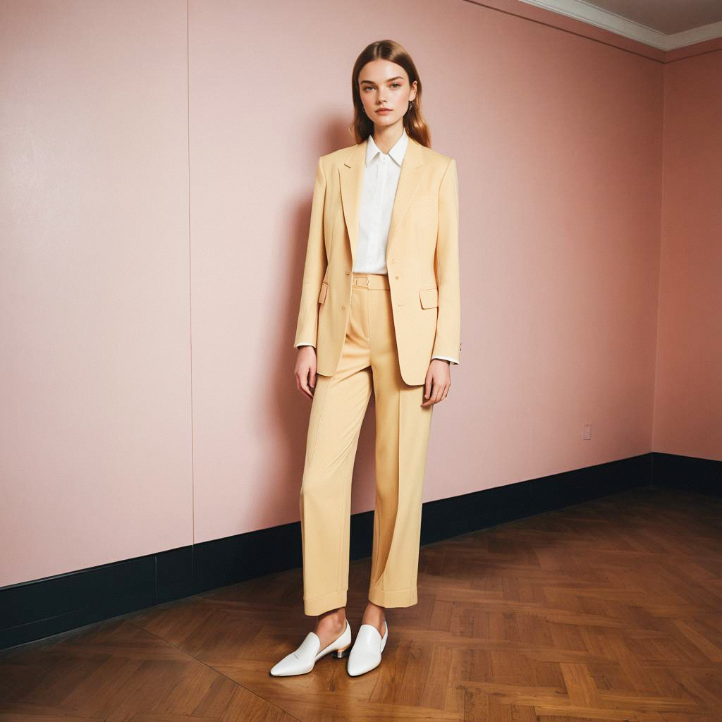 Confident Woman in Beige Suit