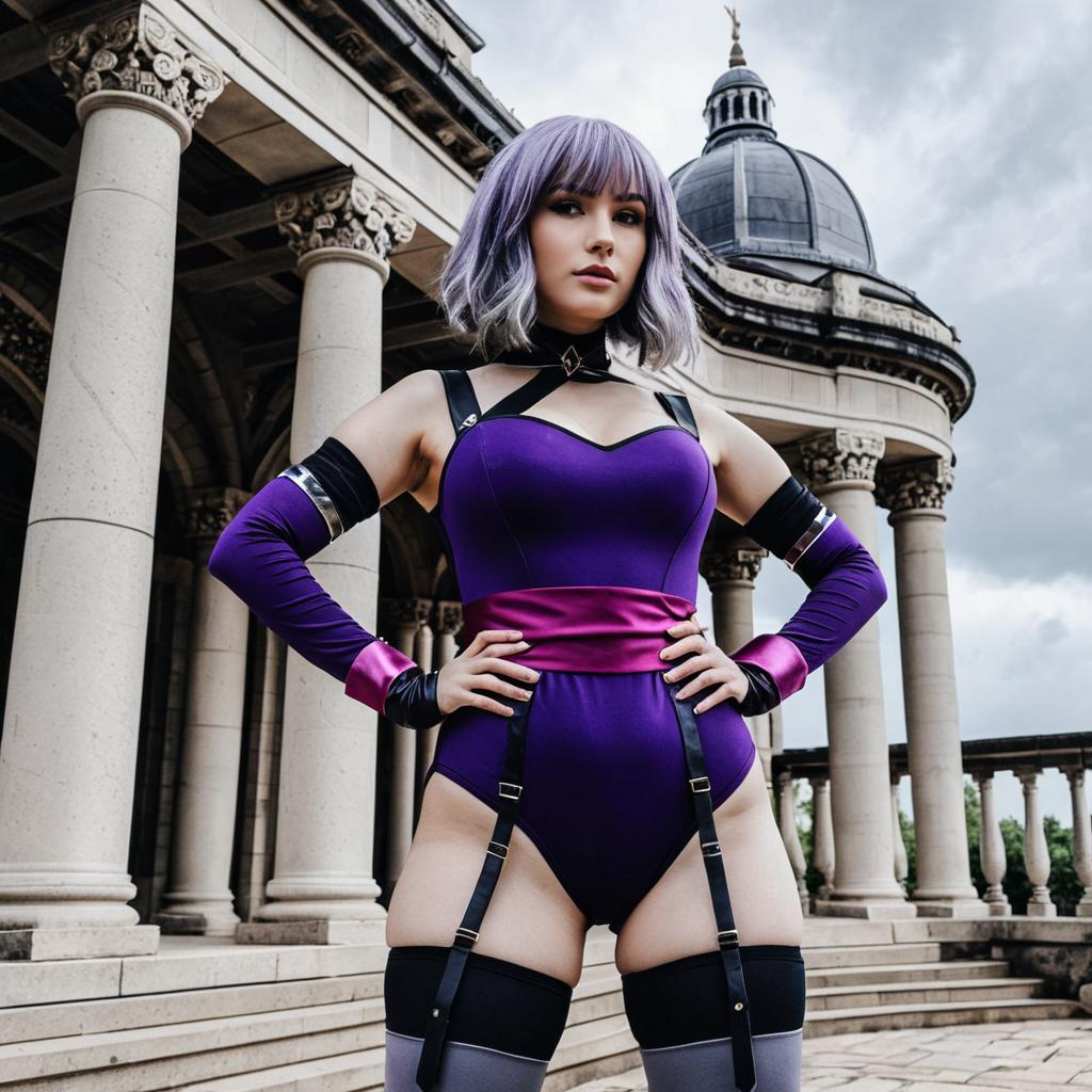 Confident Woman in Purple Cosplay Outfit by Classical Architecture