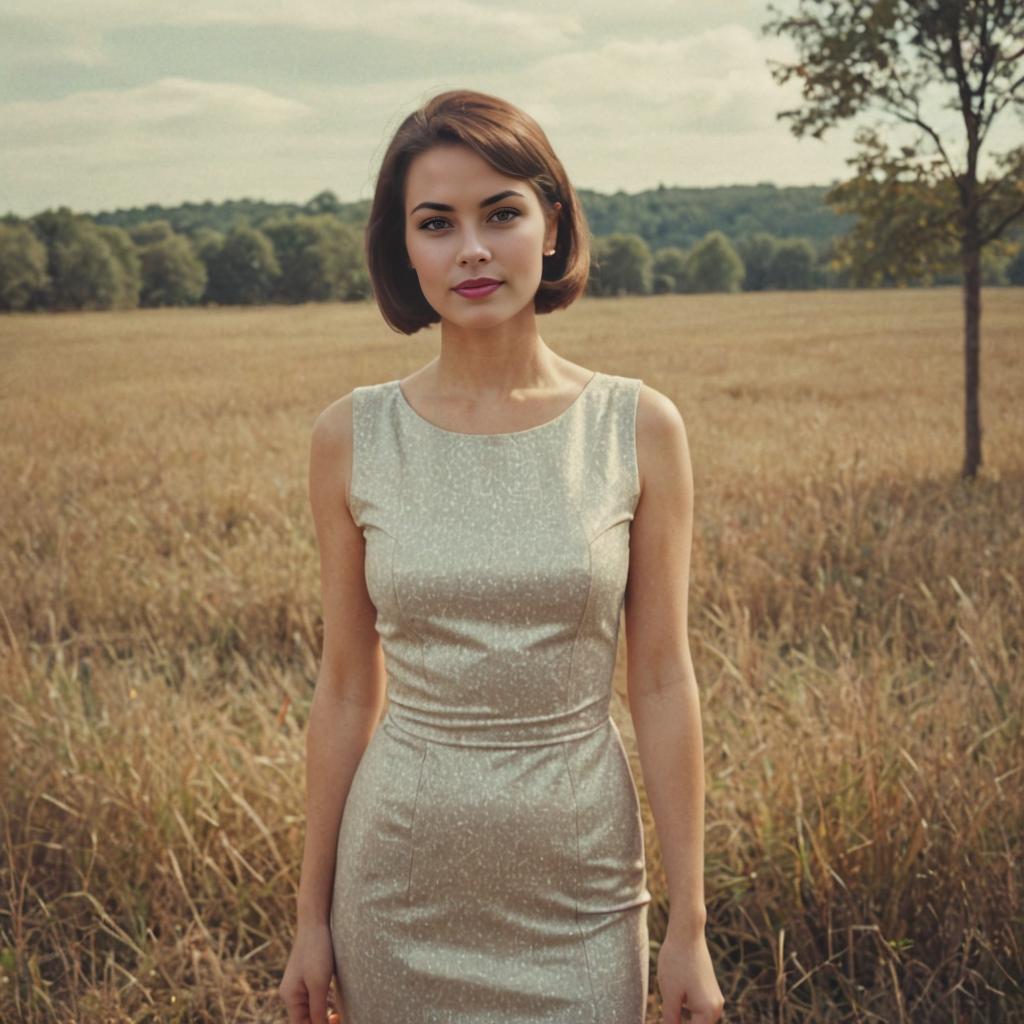 Woman in Glittery Dress in Field, Vintage Film Ambiance