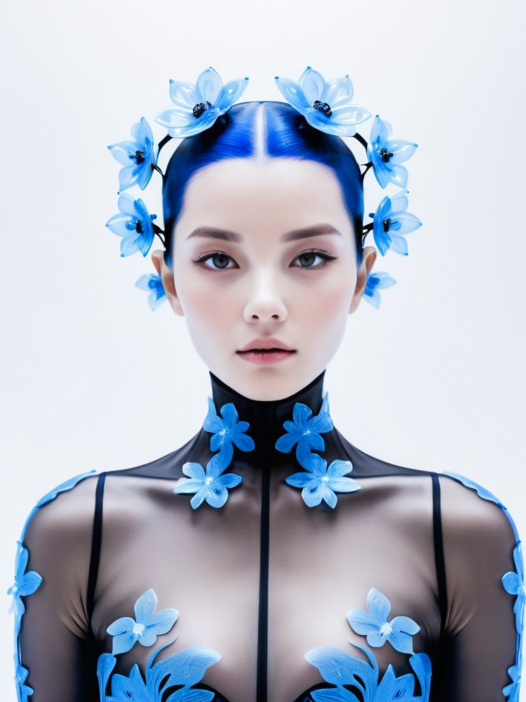 Symmetrical Portrait of Woman with Blue Hair and Floral Accents Symmetrical Portrait of Woman with Blue Hair and Floral Accents