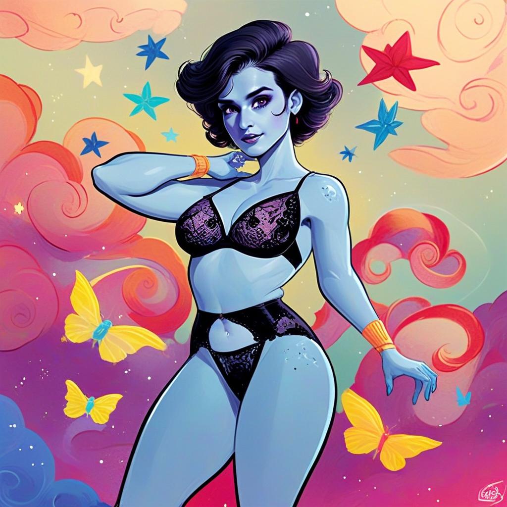 Stylized Character with Blue Skin in Colorful Dreamy Background