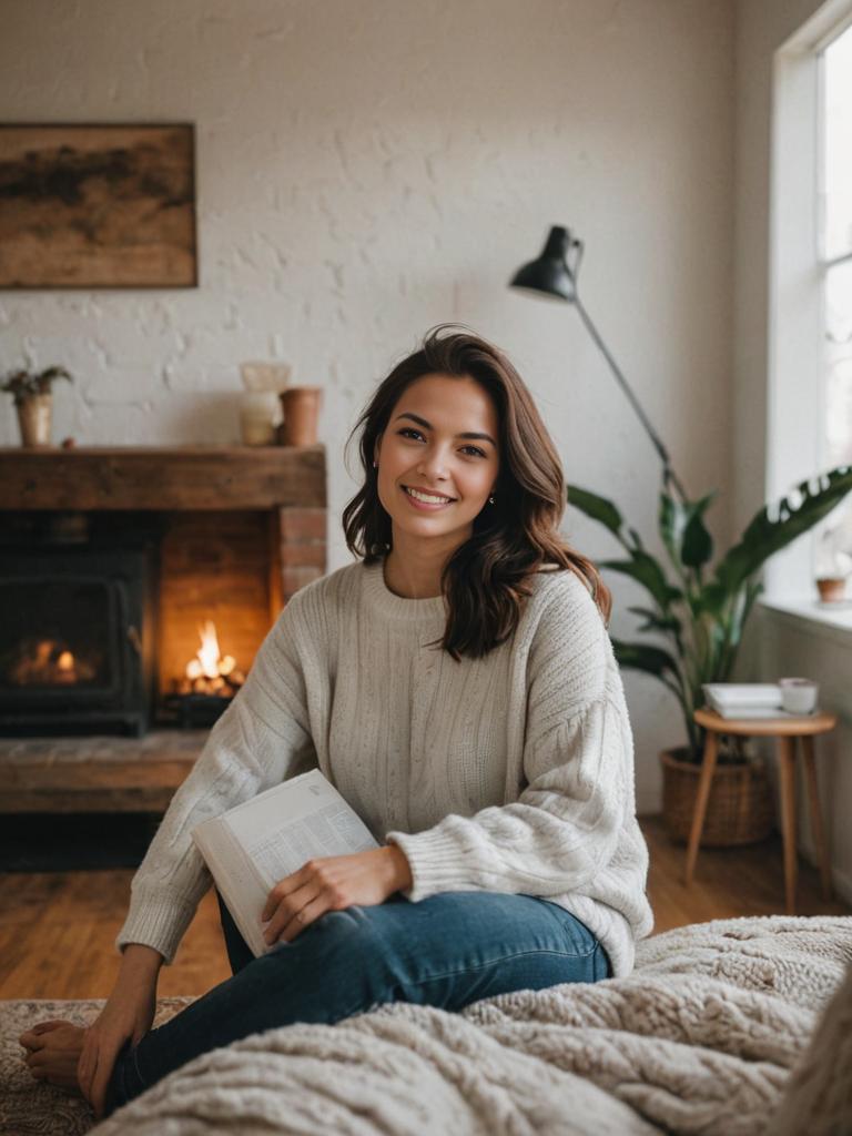 Tranquil Woman Reading by Fireplace